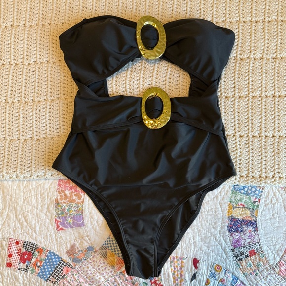 SheIn Black Cutout One Piece Swimsuit with Large Gold Buckles Size M - Picture 3 of 9